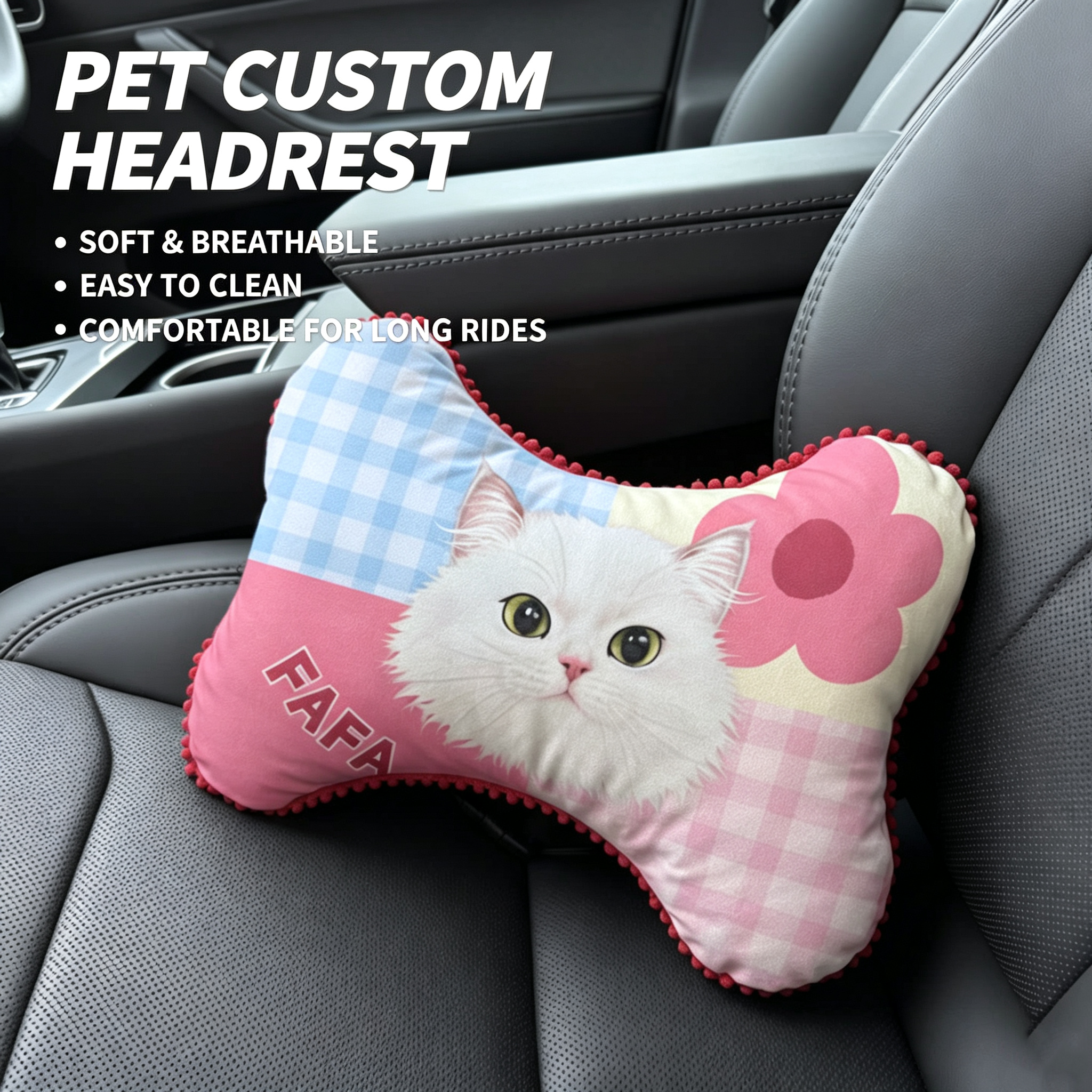 Custom Pet Photo Car Headrest Pillow, Personalized Dog Cat Picture Car Neck Support, Removable Washable Car Neck Pillow for Travel