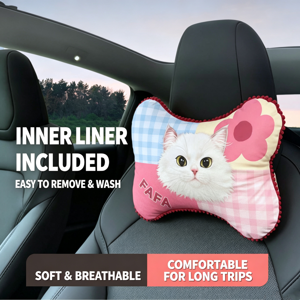 Custom Pet Photo Car Headrest Pillow, Personalized Dog Cat Picture Car Neck Support, Removable Washable Car Neck Pillow for Travel